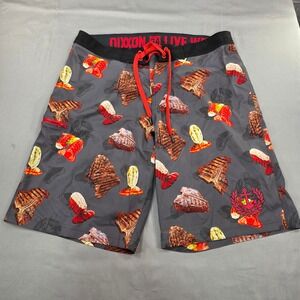 Dixxon Live Well‎ Board Shorts 34 Gray Steak Lobster Food Print Swim Trunks